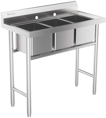 1. Bonnlo Stainless Steel 3-Compartment Sink