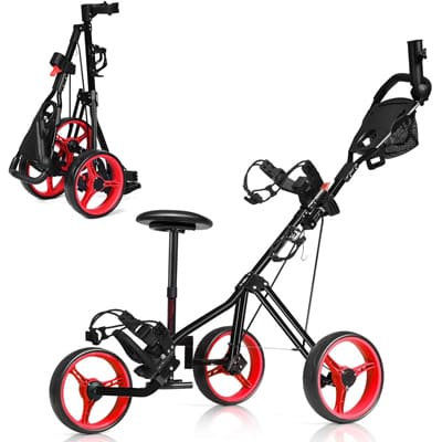 GYMAX 3 Wheel Golf Push Cart with Stool