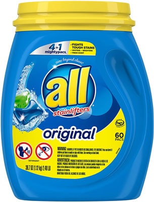 5. all Mighty 4 In 1 Stainlifter Pacs Laundry Detergent, 60 Count